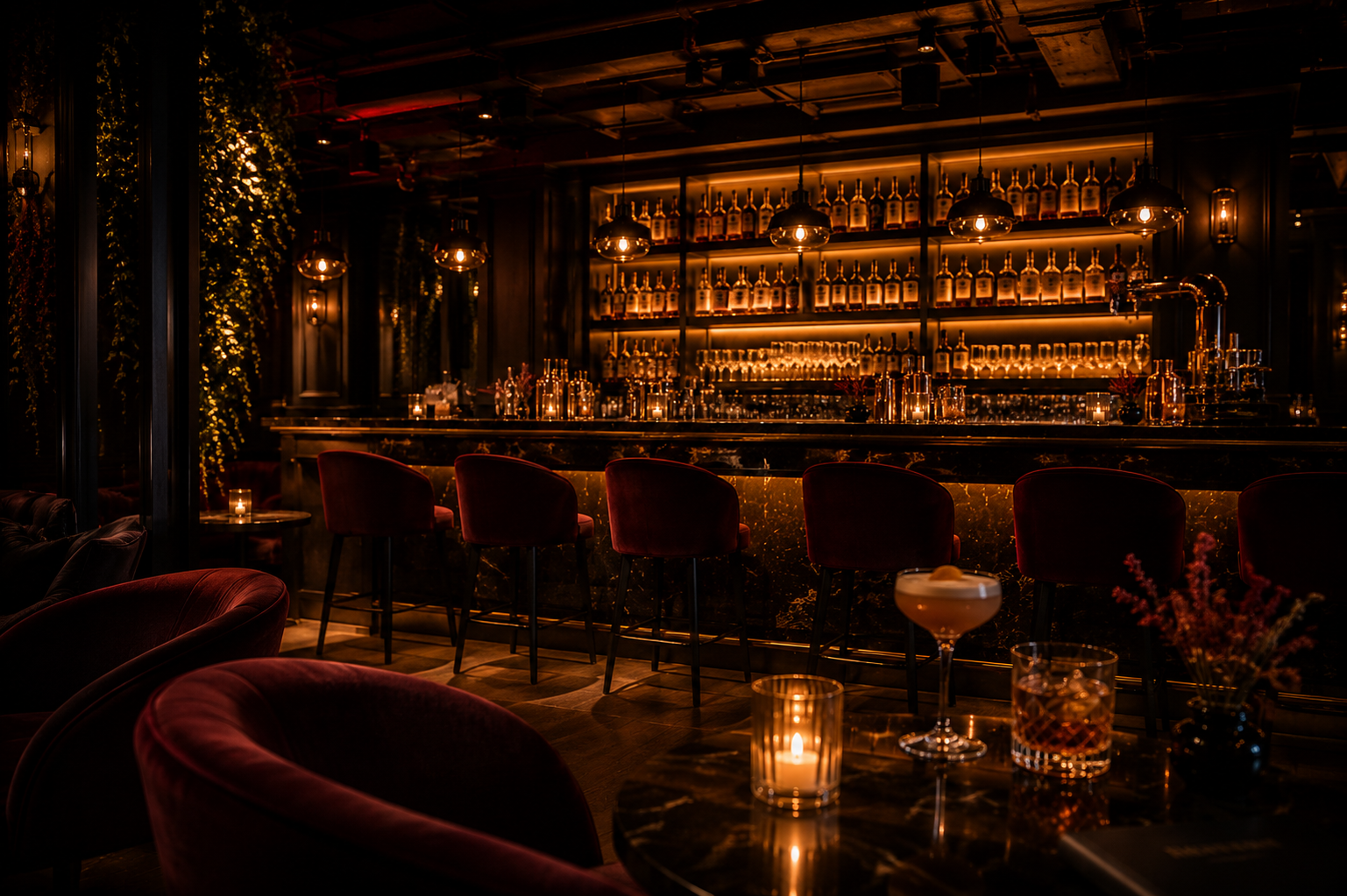 interieur van Room 21 cocktailbar met sfeerverlichting