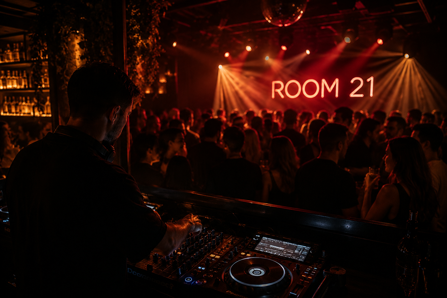 drukke cocktailbar tijdens DJ event in Room 21